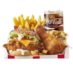 LARGE FULLY LOADED BOX MEAL WITH COLONEL BURGER AND NO-SUGAR