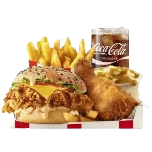 LARGE FULLY LOADED BOX MEAL WITH ZINGER BURGER AND NO-SUGAR SODA FOUNTAIN